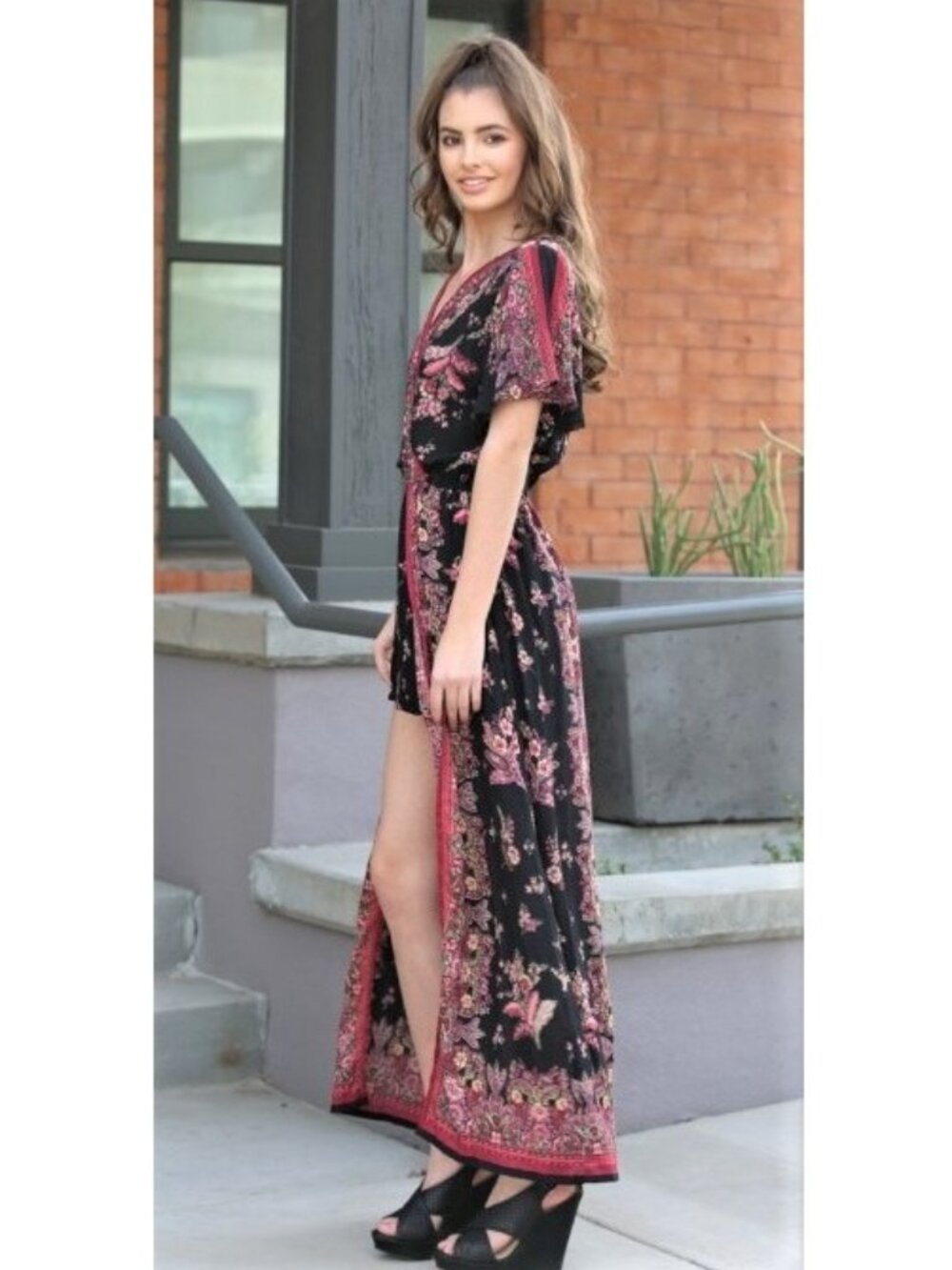 Maxi-romper. Black Floral Print. Size Large. Angie Brand. - Picture 2 of 5